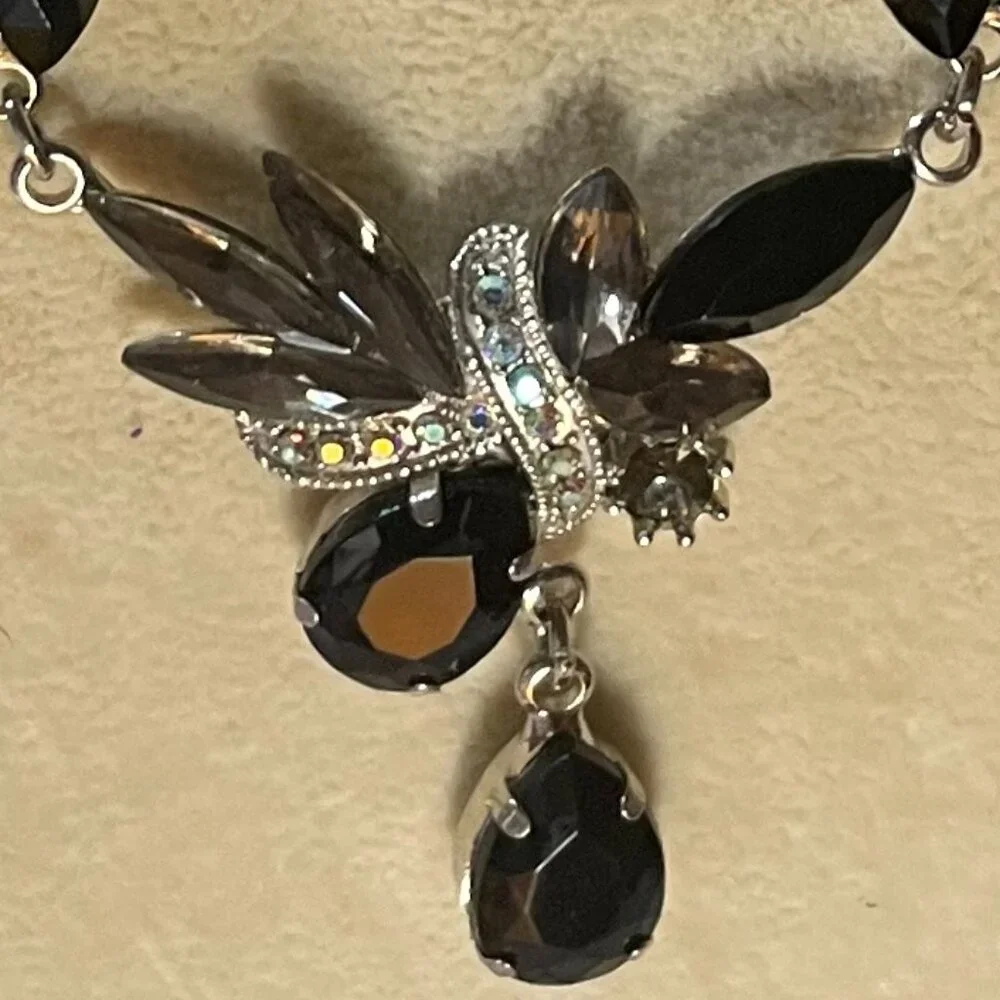 Black Stone and Silver Toned Necklace with Rhinestones